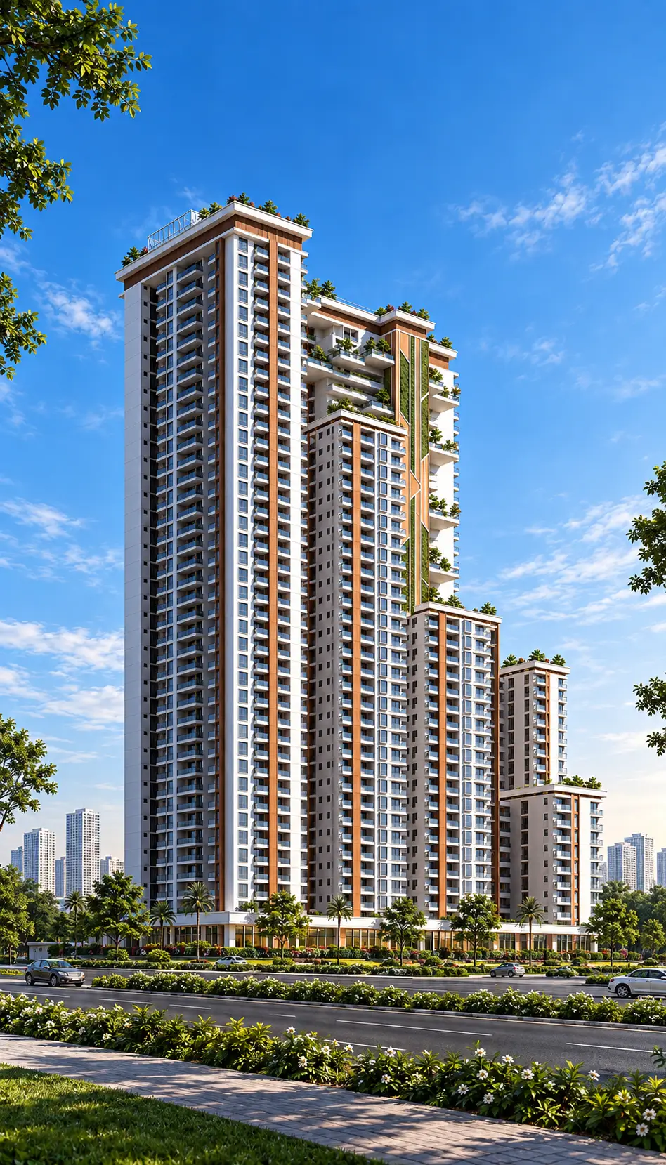 A tall residential tower with white and timber-clad bays and planted terraces, beside a tree-lined road