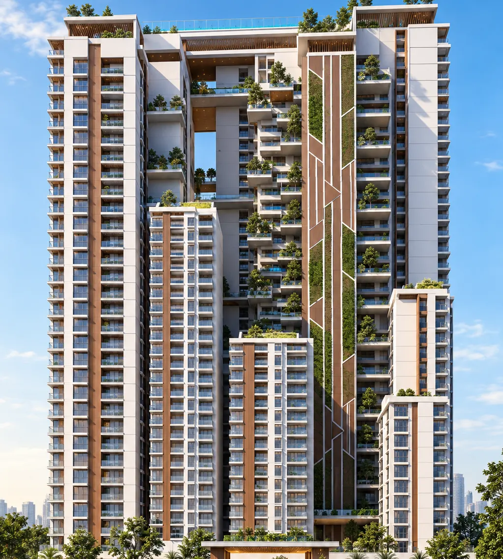 A Grade-A residential high-rise with landscaped terraces, timber-clad bays and a sky-bridge between its towers